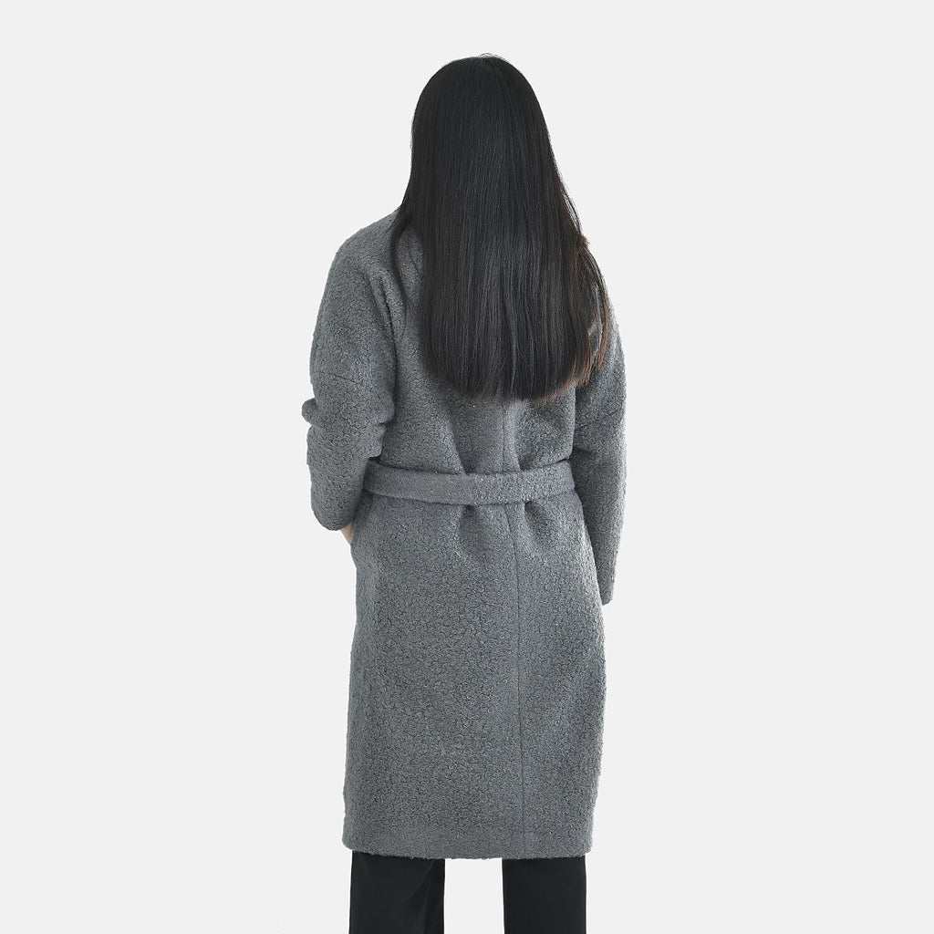 Tamsy Boucle Tie Belted Coat with 2 Side Pockets (Size S) - Grey
