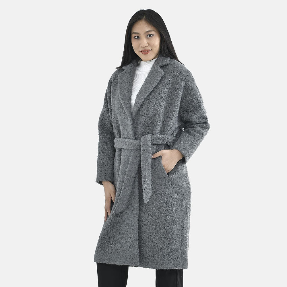 Tamsy Boucle Tie Belted Coat with 2 Side Pockets (Size S) - Grey