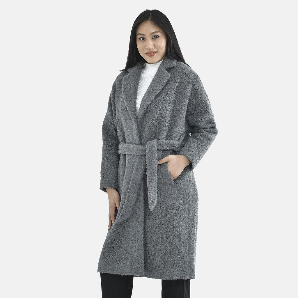 Tamsy Boucle Tie Belted Coat with 2 Side Pockets (Size S) - Grey