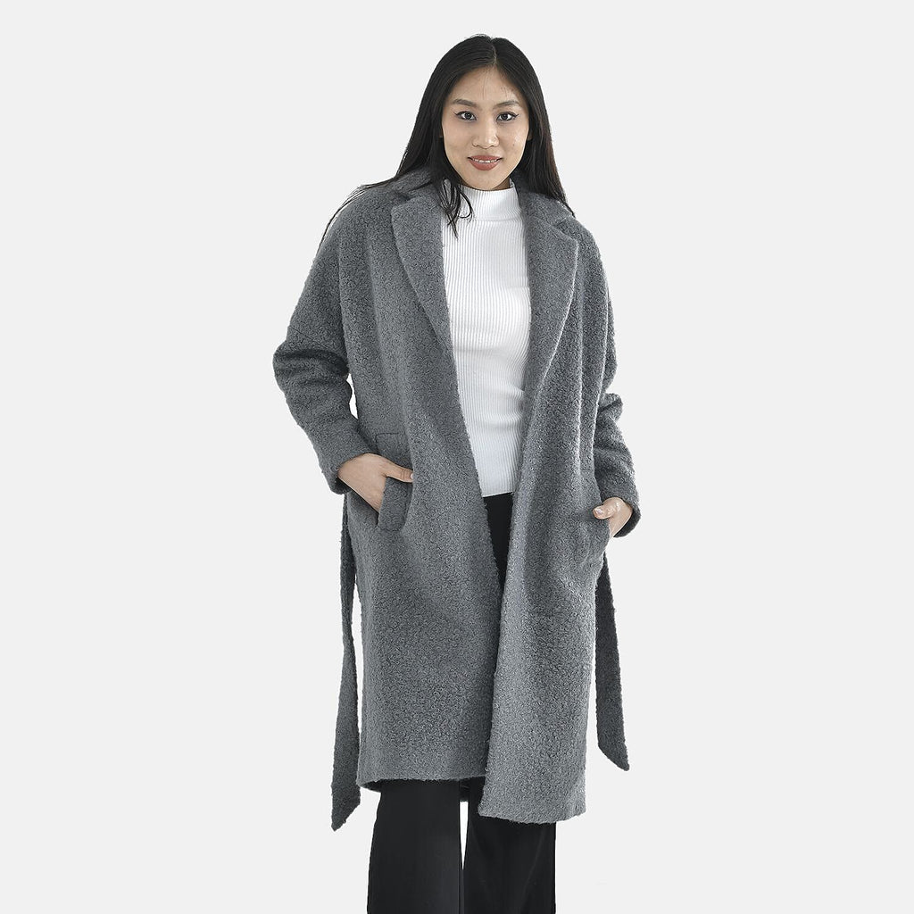 Tamsy Boucle Tie Belted Coat with 2 Side Pockets (Size S) - Grey
