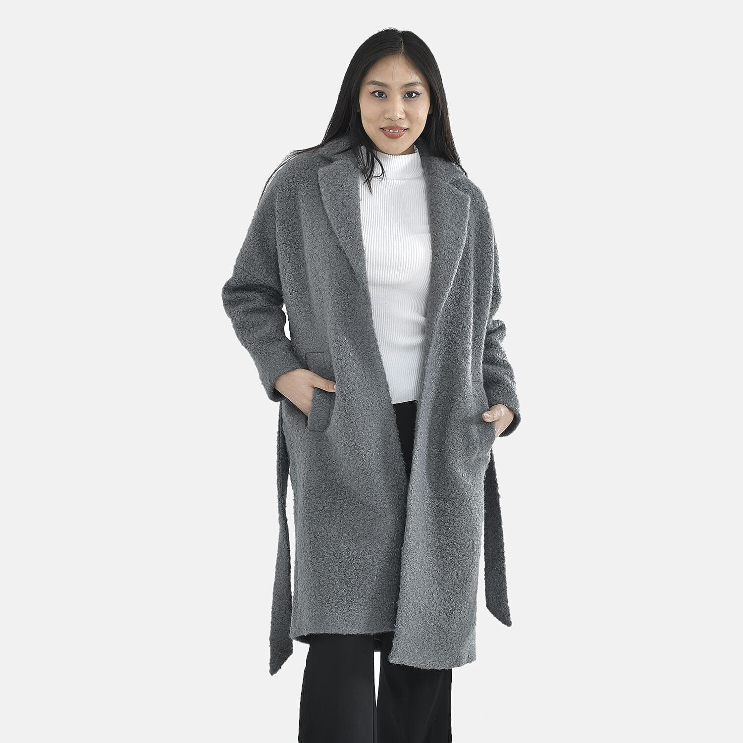 Tamsy Boucle Tie Belted Coat with 2 Side Pockets (Size S) - Grey
