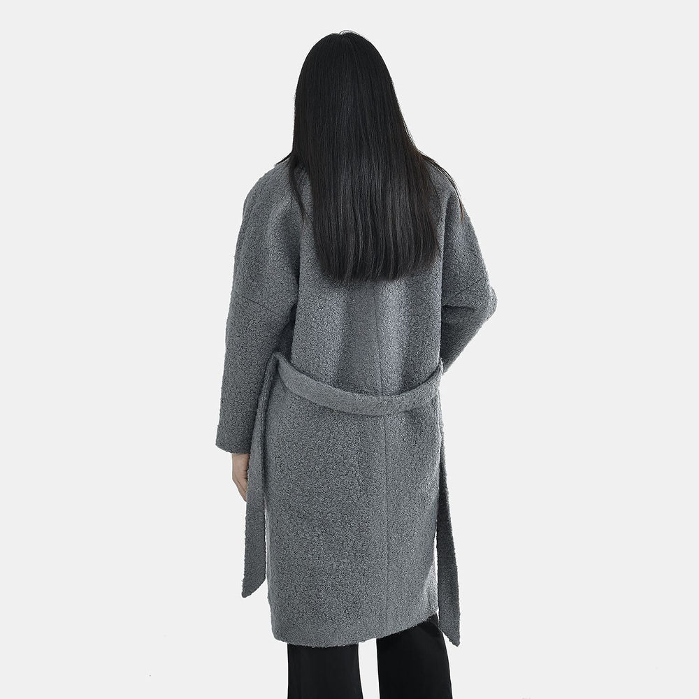 Tamsy Boucle Tie Belted Coat with 2 Side Pockets (Size S) - Grey