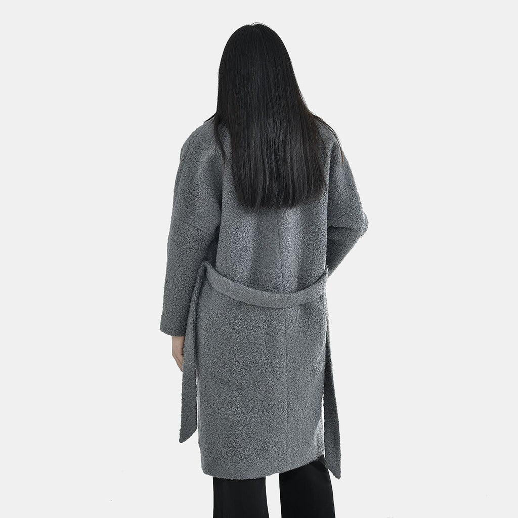 Tamsy Boucle Tie Belted Coat with 2 Side Pockets (Size S) - Grey