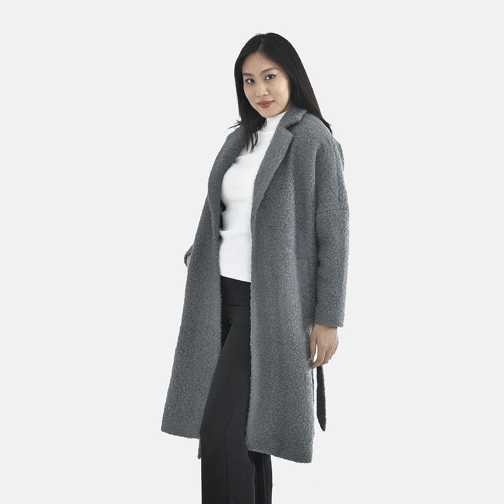 Tamsy Boucle Tie Belted Coat with 2 Side Pockets (Size S) - Grey