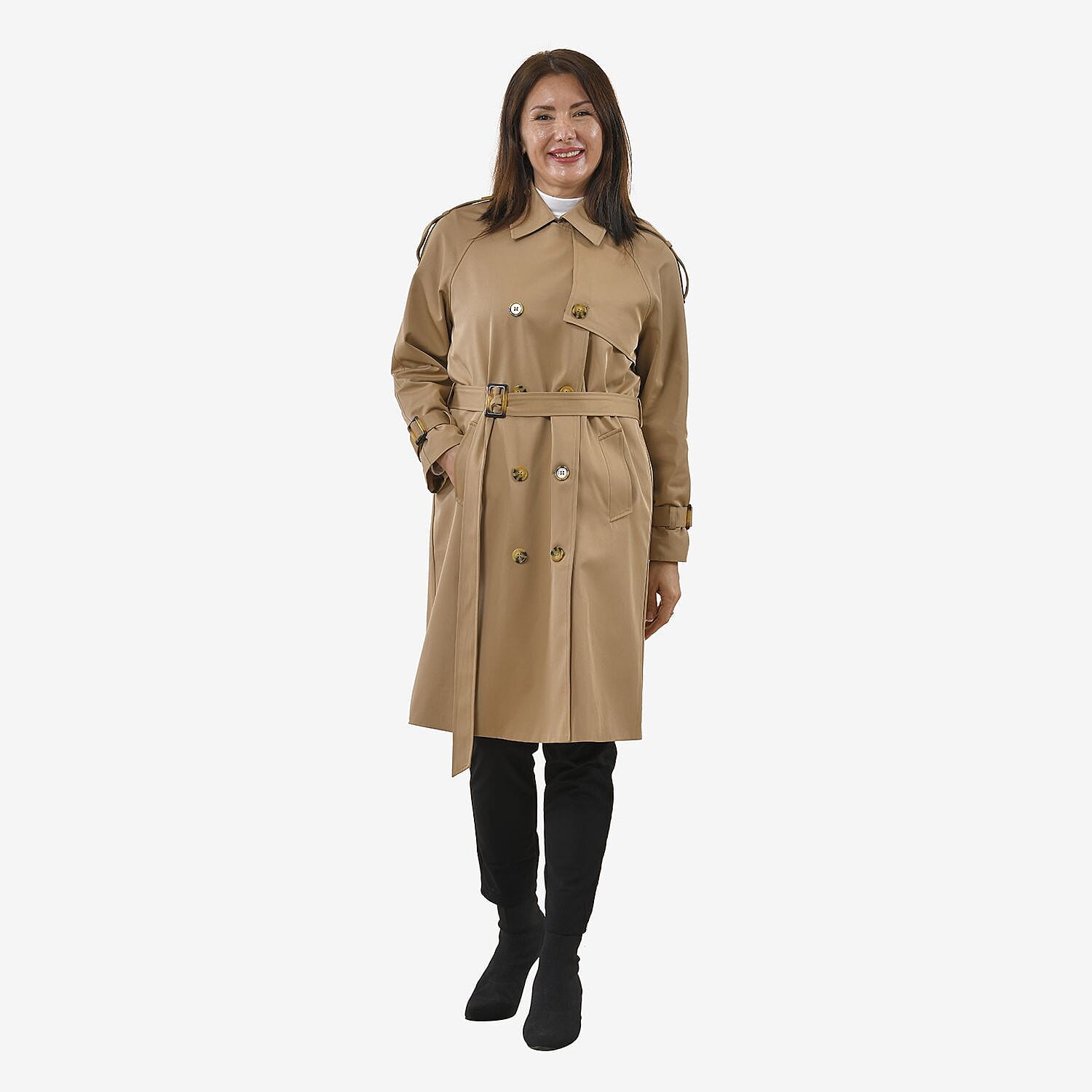 TAMSY Trench Coat with 2 Adjustable Buckle Cuffs and Waist Belt (Size L