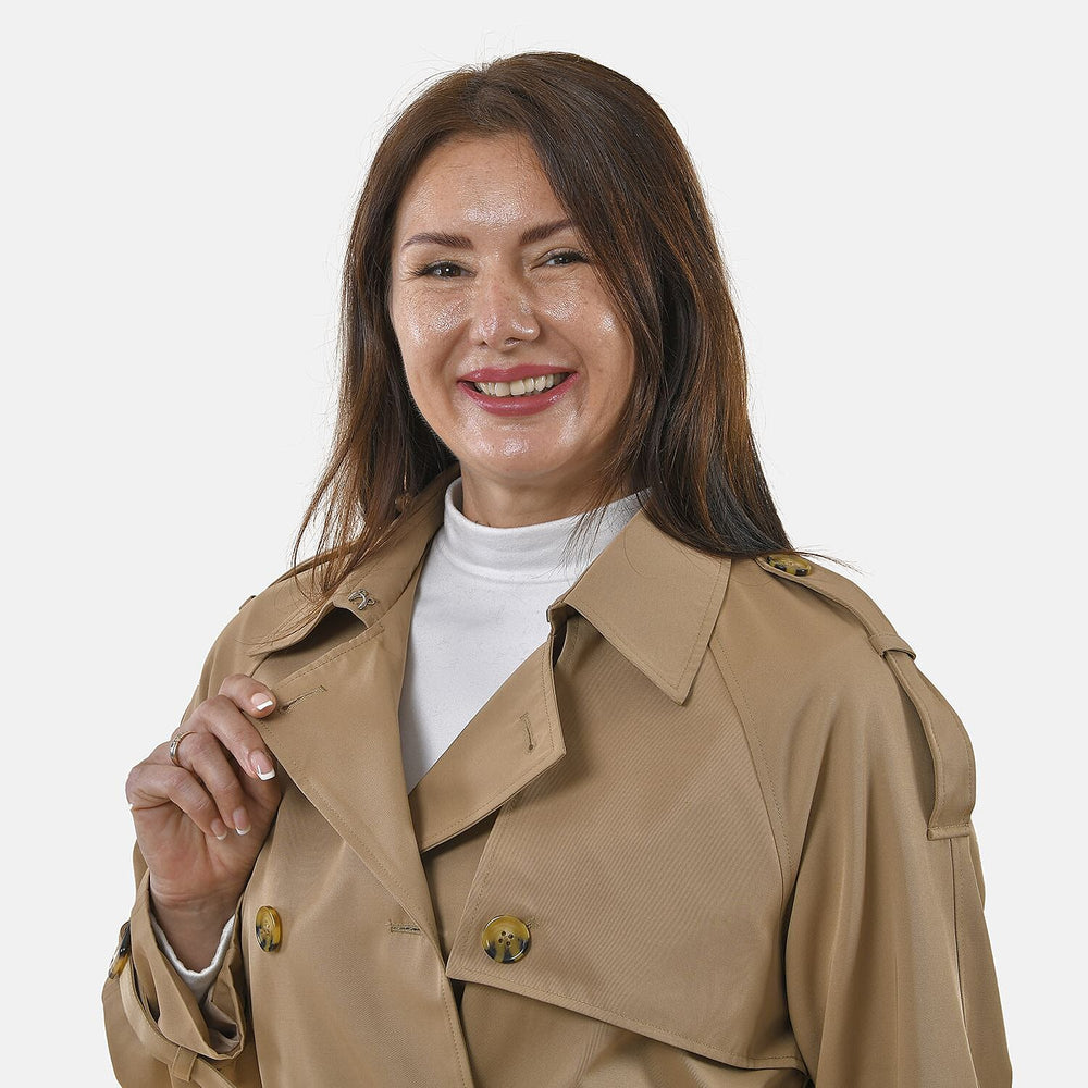 TAMSY Trench Coat with 2 Adjustable Buckle Cuffs and Waist Belt (Size L, 16-18) - Khaki