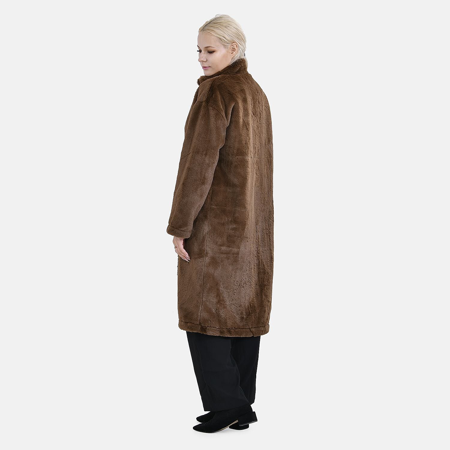 Faux Fur Collared Relaxed Longline Coat (Size S) - Brown