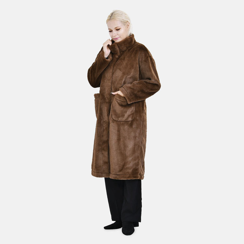 Faux Fur Collared Relaxed Longline Coat (Size S) - Brown