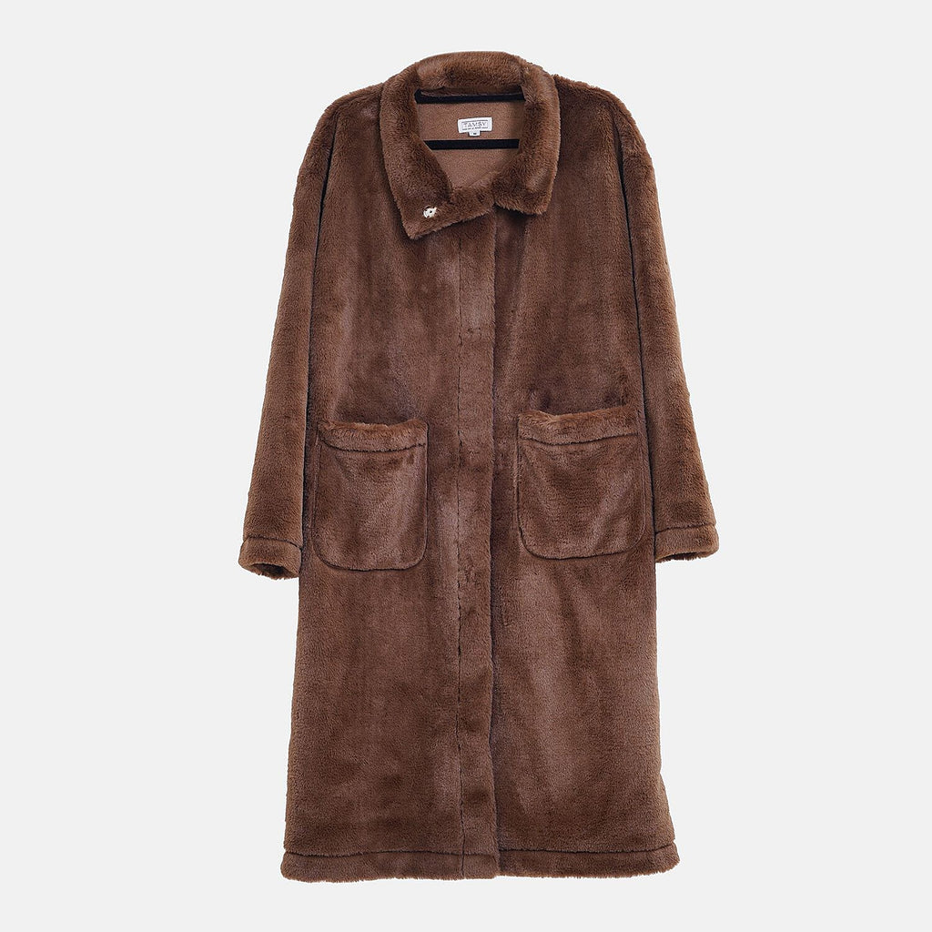 Faux Fur Collared Relaxed Longline Coat (Size S) - Brown