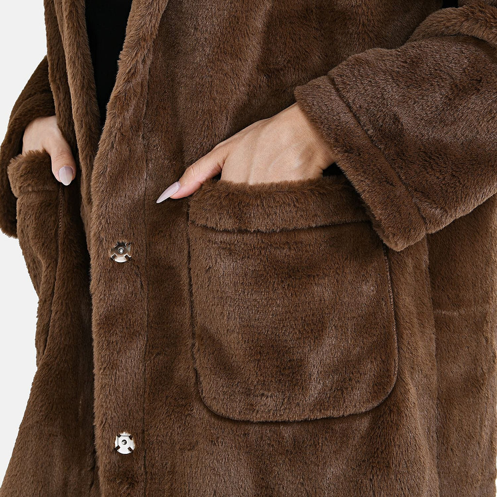 Faux Fur Collared Relaxed Longline Coat (Size S) - Brown