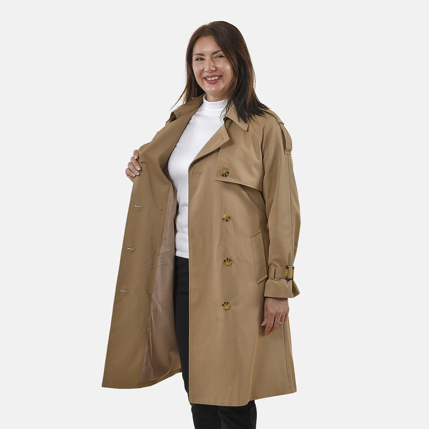 TAMSY Trench Coat with 2 Adjustable Buckle Cuffs and Waist Belt (Size XXL, 24 - 26) - Khaki