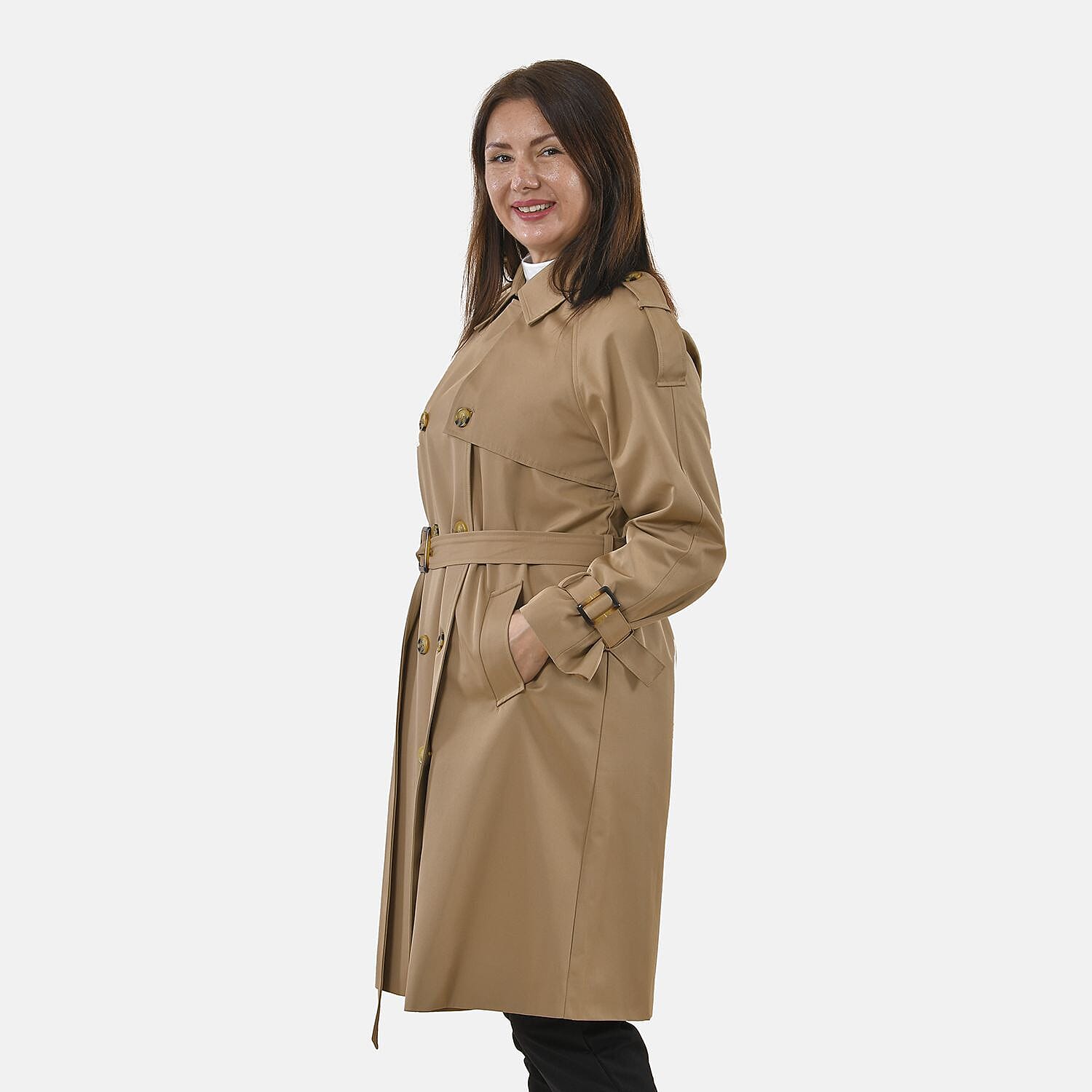 TAMSY Trench Coat with 2 Adjustable Buckle Cuffs and Waist Belt (Size XXL, 24 - 26) - Khaki