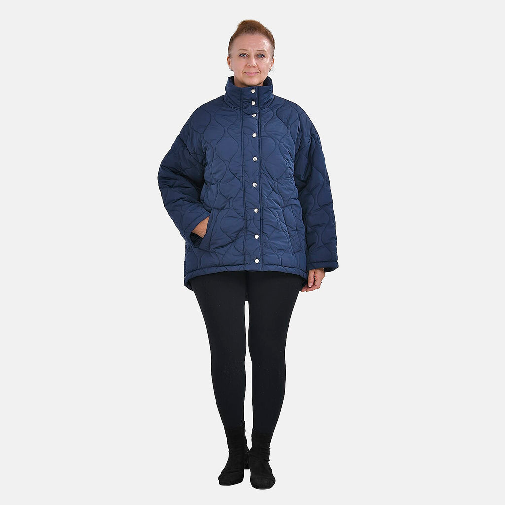 Tamsy Long Sleeve Padded Warm Coat with Two Exterior Pockets (Size XXL 24-26) - Navy