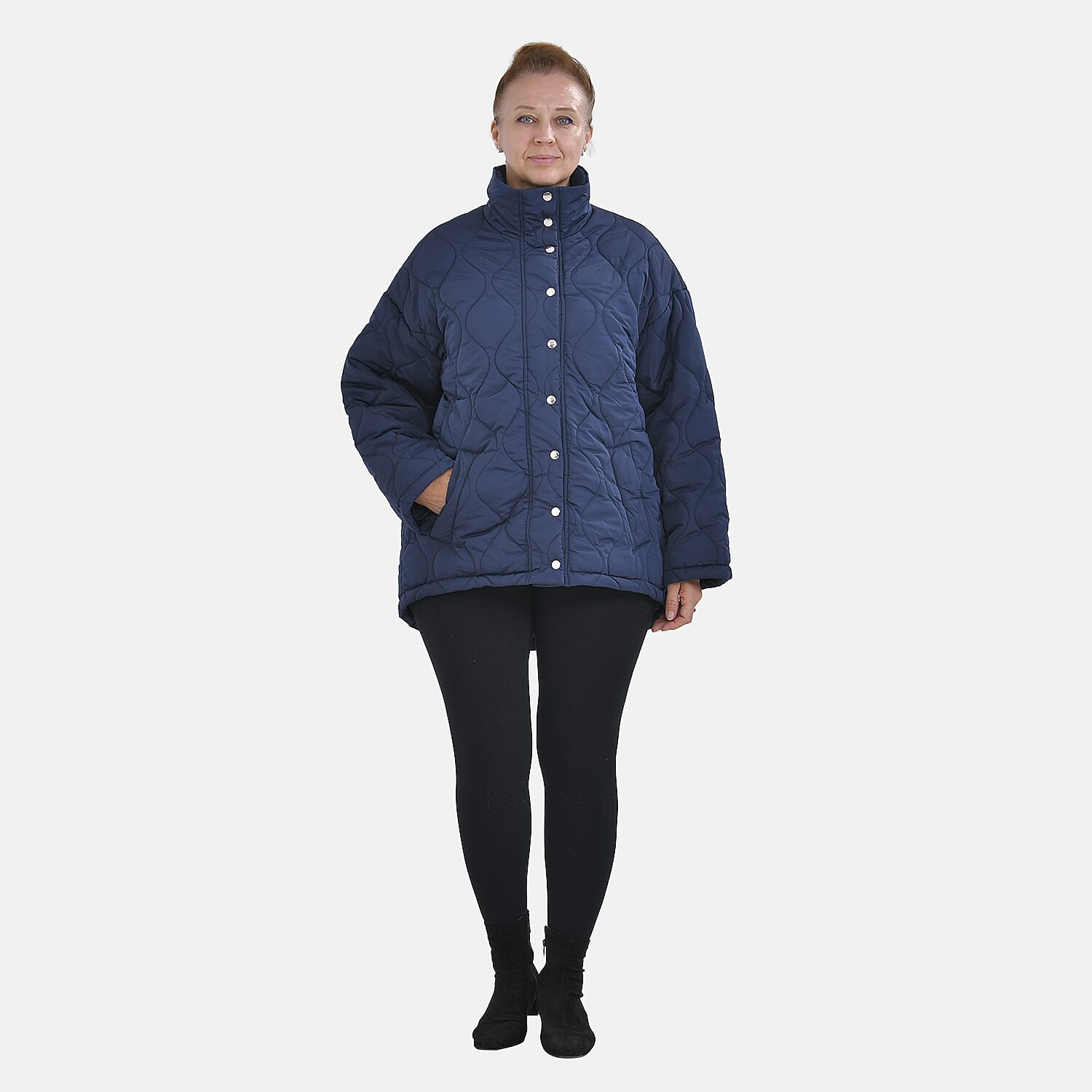 Tamsy Long Sleeve Padded Warm Coat with Two Exterior Pockets (Size XXL 24-26) - Navy