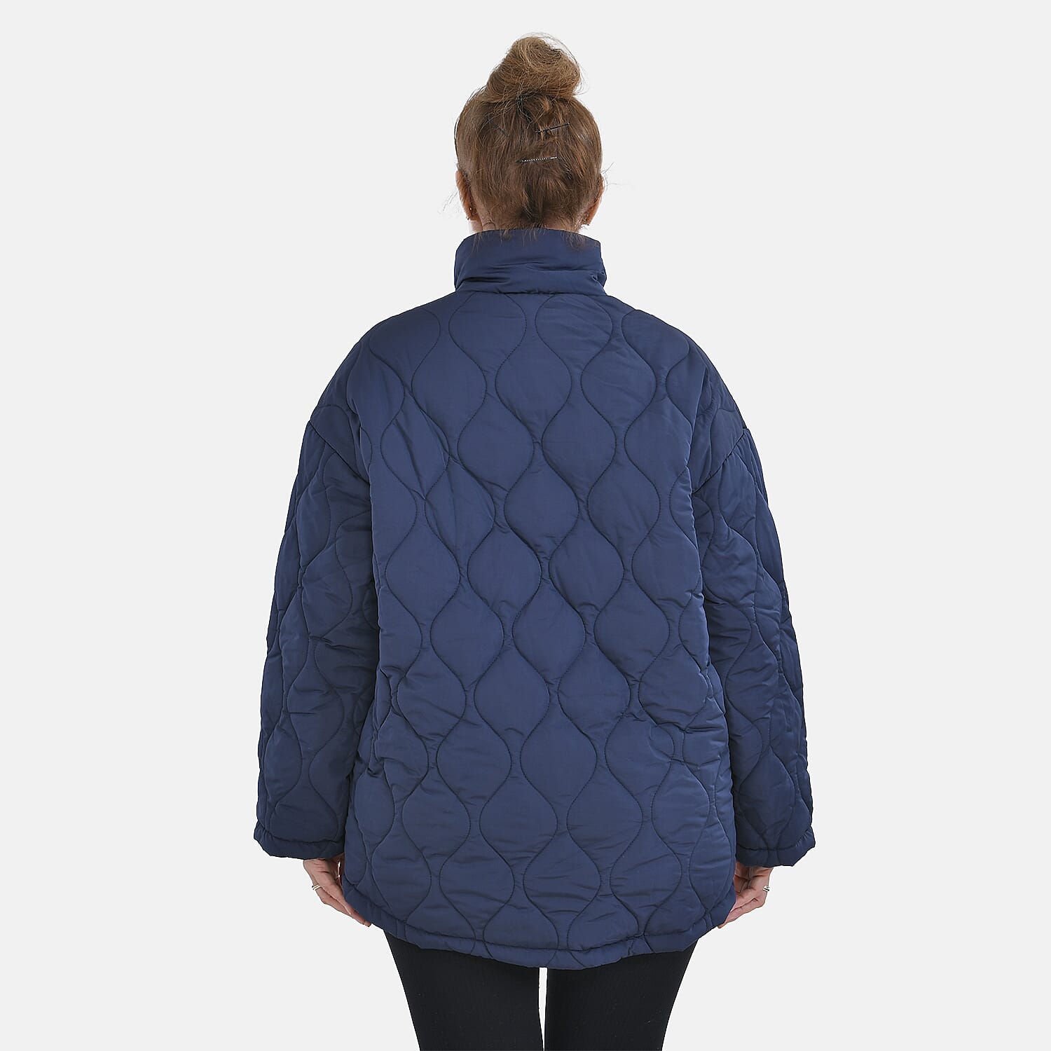 Tamsy Long Sleeve Padded Warm Coat with Two Exterior Pockets (Size XXL 24-26) - Navy