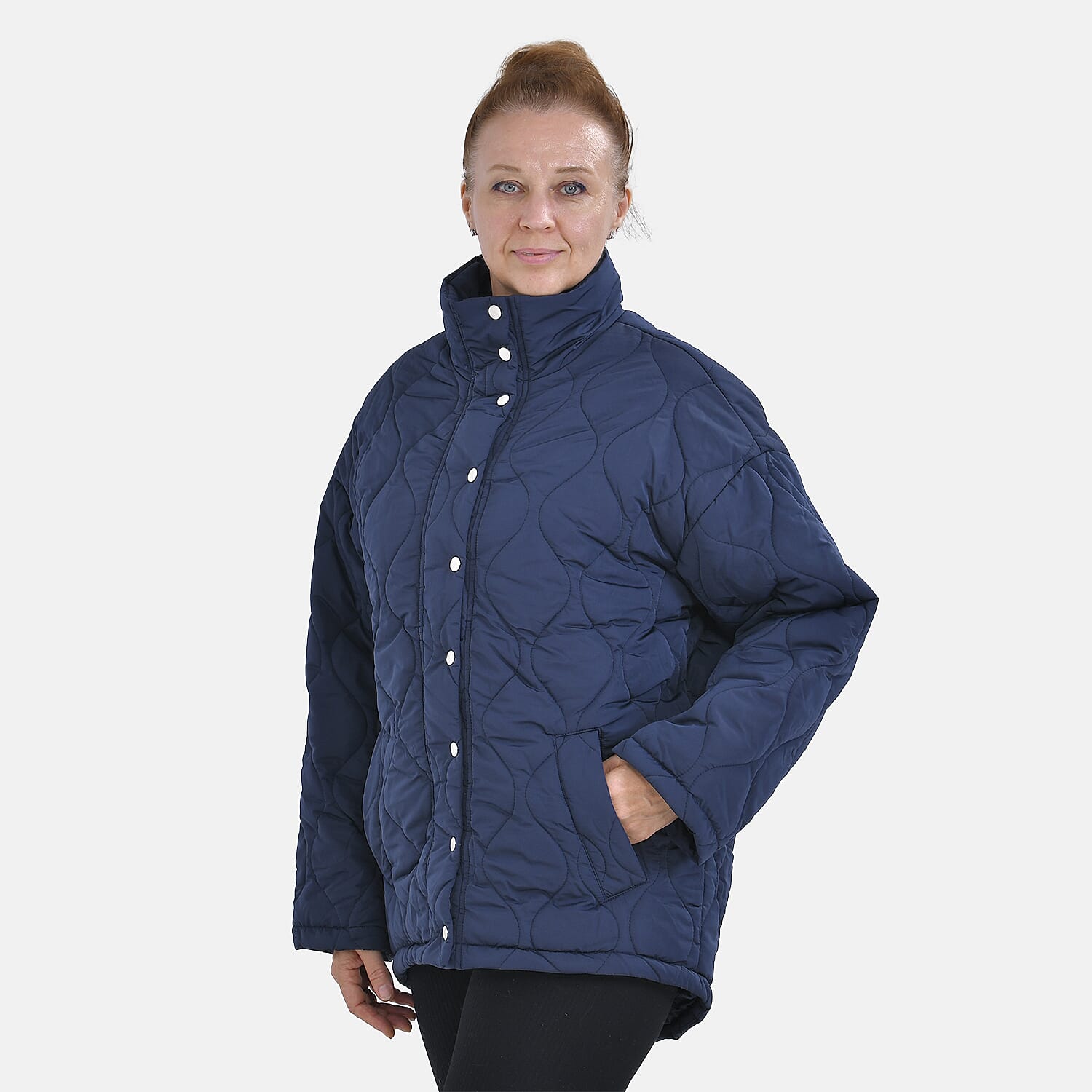 Tamsy Long Sleeve Padded Warm Coat with Two Exterior Pockets (Size XXL 24-26) - Navy