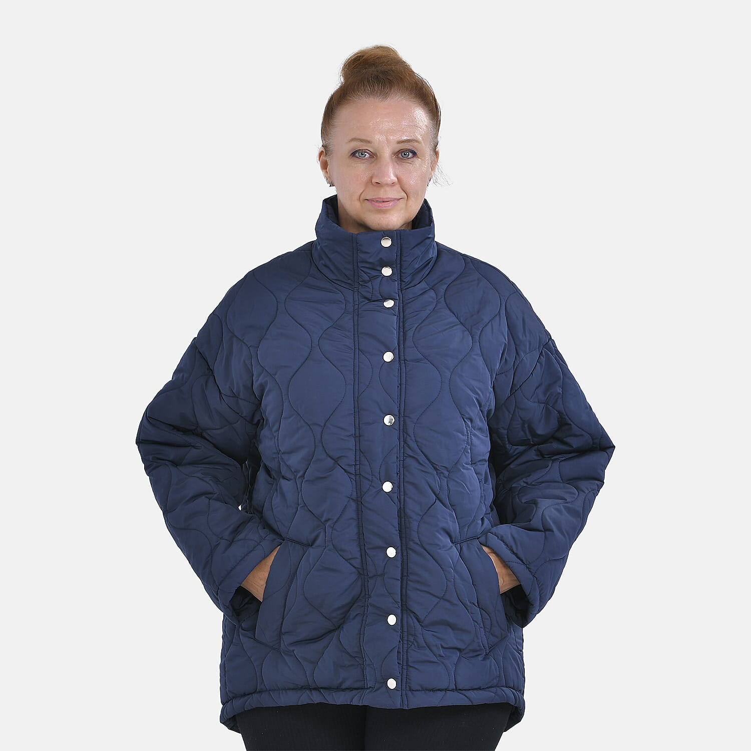 Tamsy Long Sleeve Padded Warm Coat with Two Exterior Pockets (Size XXL 24-26) - Navy