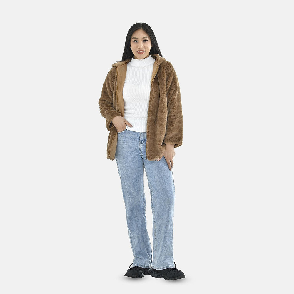 Tamsy Faux Fur Hoodie (Size M,12-14) - Brown