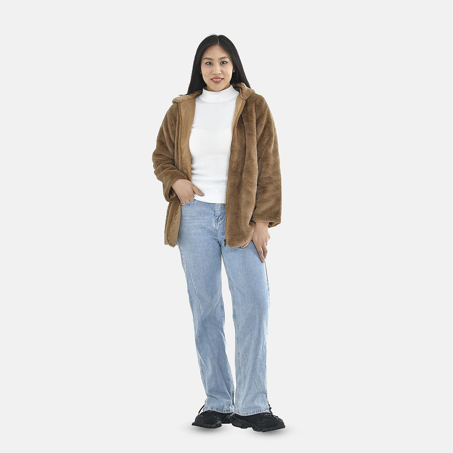 Tamsy Faux Fur Hoodie (Size M,12-14) - Brown