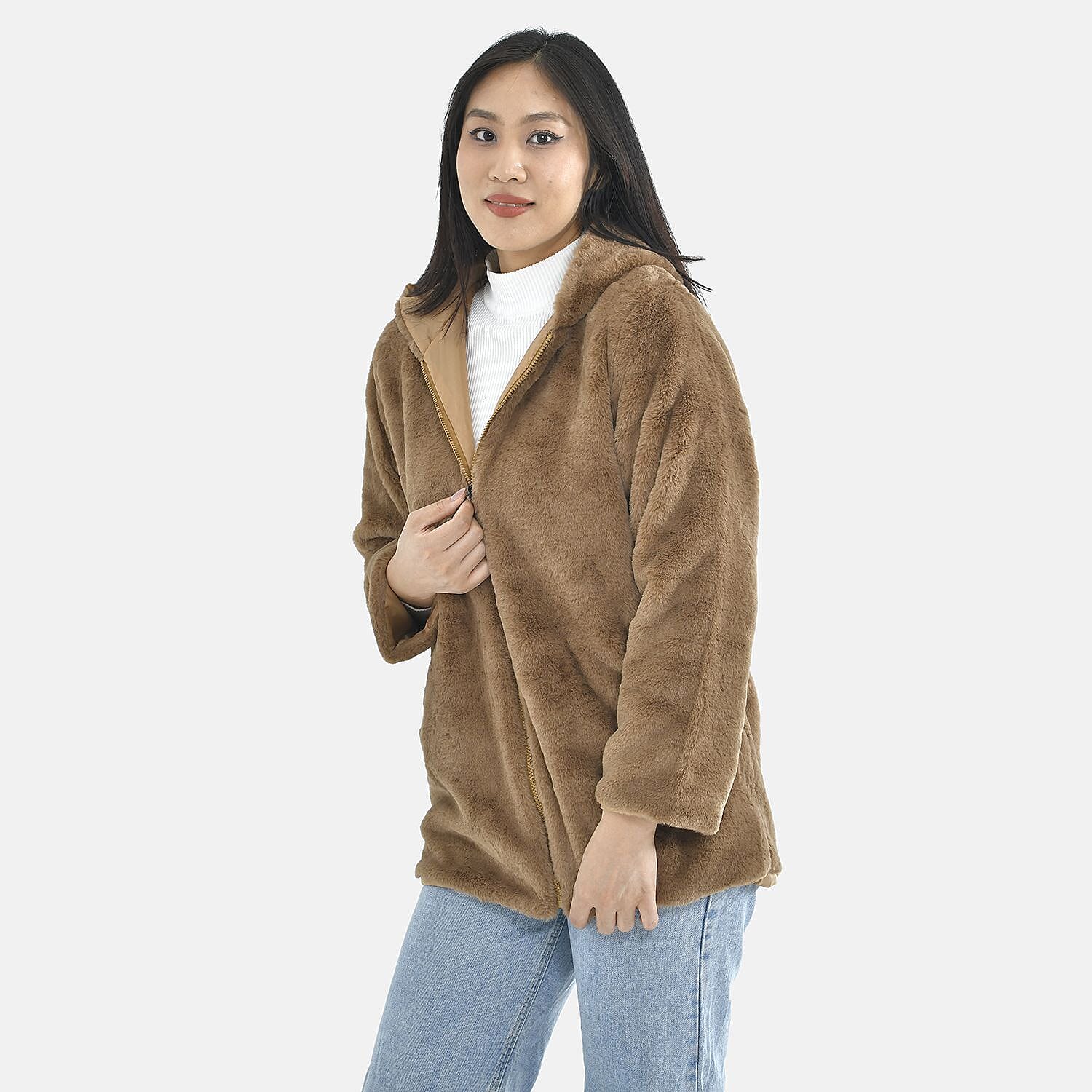 Tamsy Faux Fur Hoodie (Size XXL,24-26) - Brown