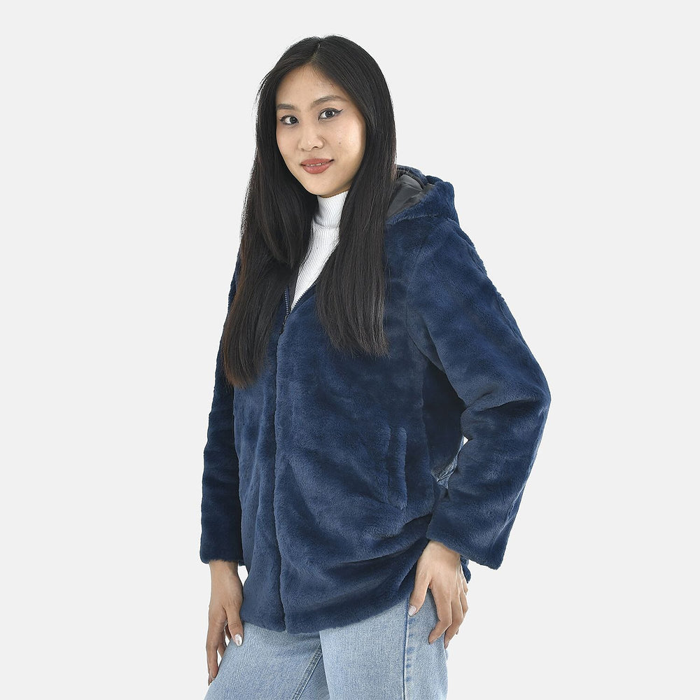 Tamsy Faux Fur Hoodie (Size XXL,24-26) - Navy