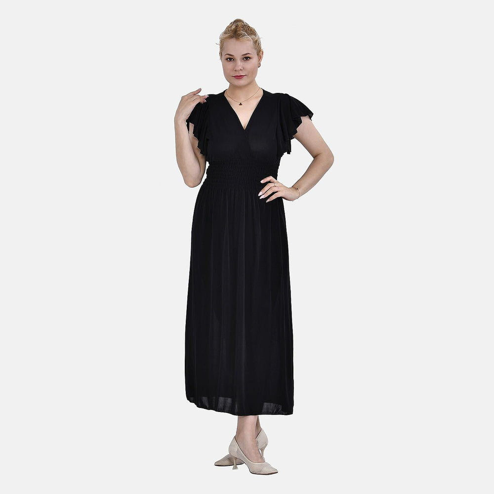 TAMSY Flutter Sleeve Smocked Midi Dress (One Size, 8-16) - Black