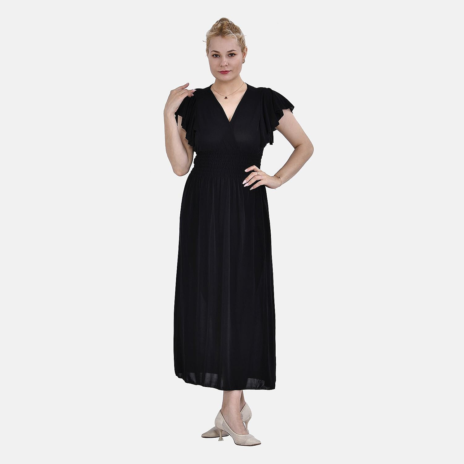TAMSY Flutter Sleeve Smocked Midi Dress (One Size, 8-16) - Black