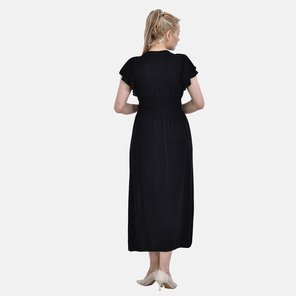 TAMSY Flutter Sleeve Smocked Midi Dress (One Size, 8-16) - Black