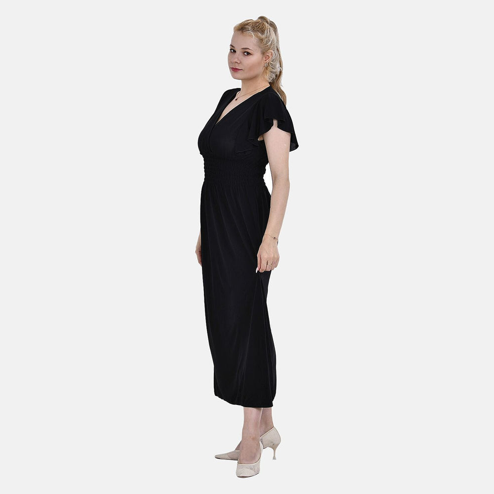 TAMSY Flutter Sleeve Smocked Midi Dress (One Size, 8-16) - Black
