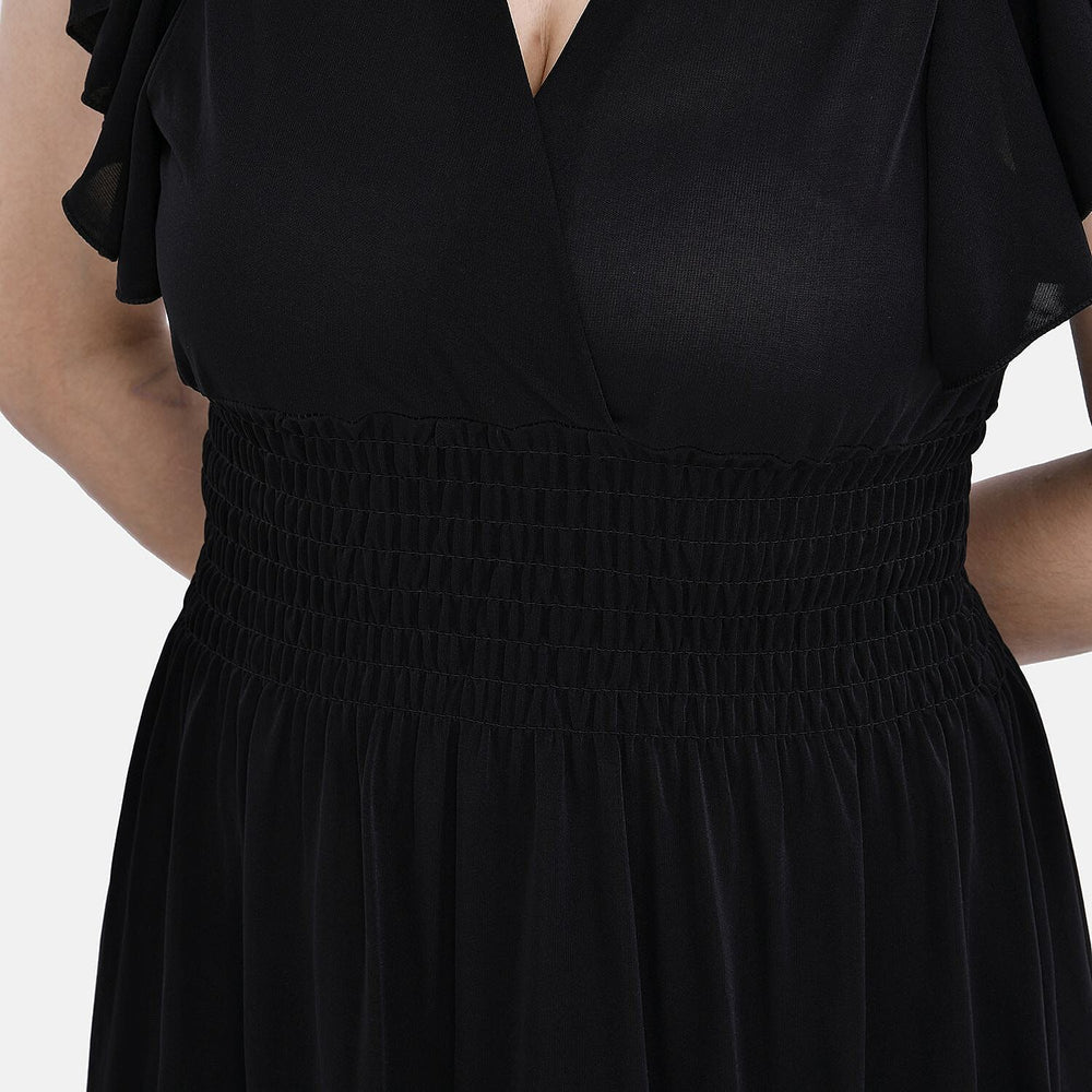 TAMSY Flutter Sleeve Smocked Midi Dress (One Size, 8-16) - Black
