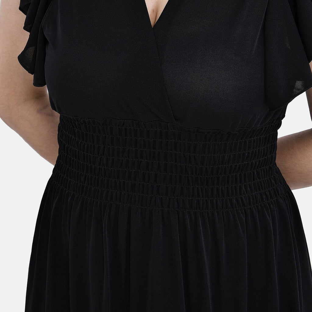 TAMSY Flutter Sleeve Smocked Midi Dress (One Size, 8-16) - Black