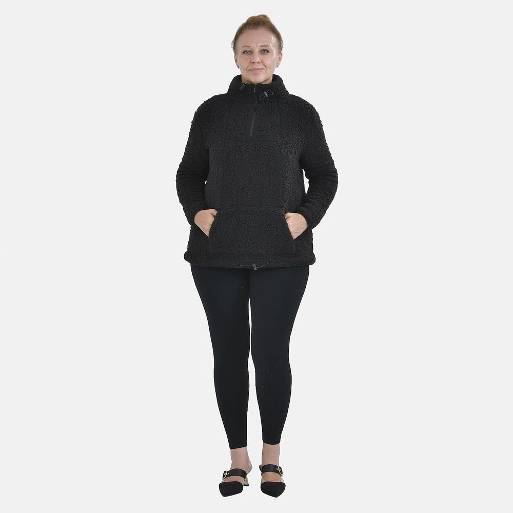 Half Zip Sherpa Sweatshirt With Handy Kangaroo Pocket (Size M) - Black