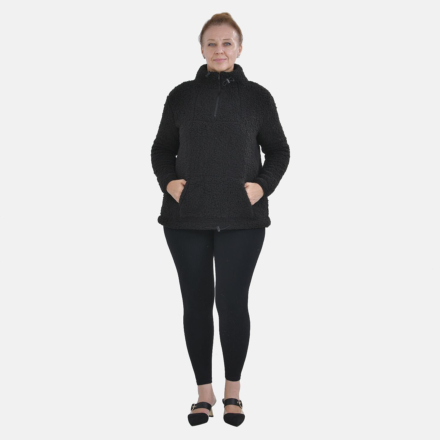Half Zip Sherpa Sweatshirt With Handy Kangaroo Pocket (Size M) - Black