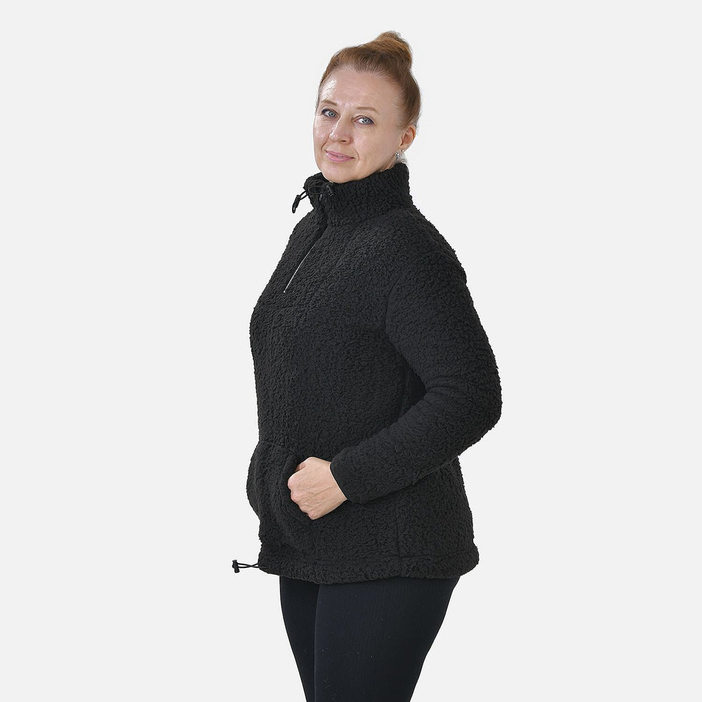 Half Zip Sherpa Sweatshirt With Handy Kangaroo Pocket (Size M) - Black
