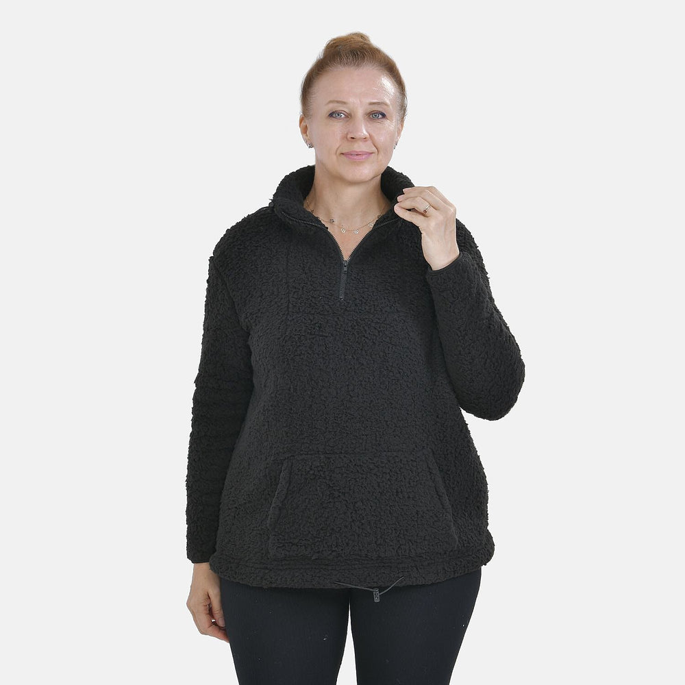 Half Zip Sherpa Sweatshirt With Handy Kangaroo Pocket (Size M) - Black