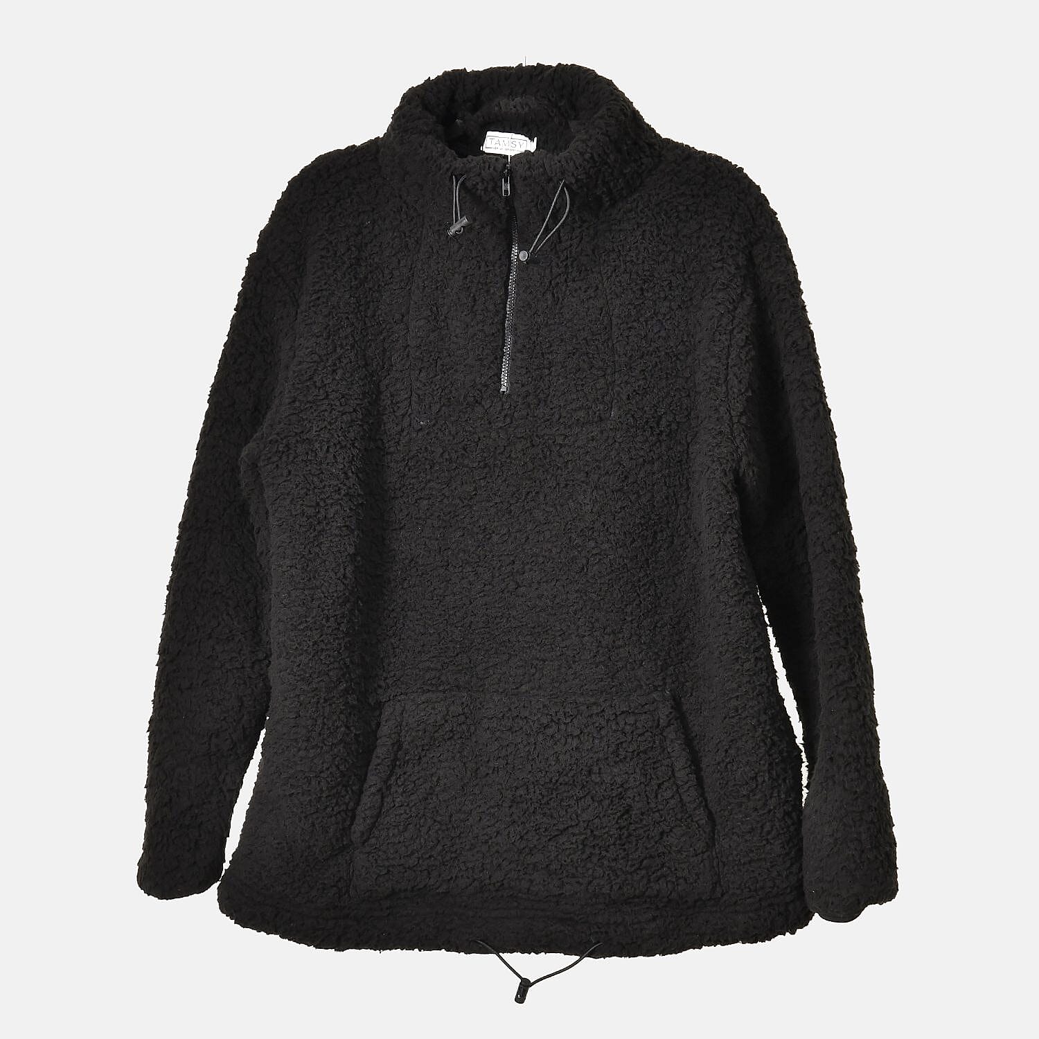 Half Zip Sherpa Sweatshirt With Handy Kangaroo Pocket (Size M) - Black