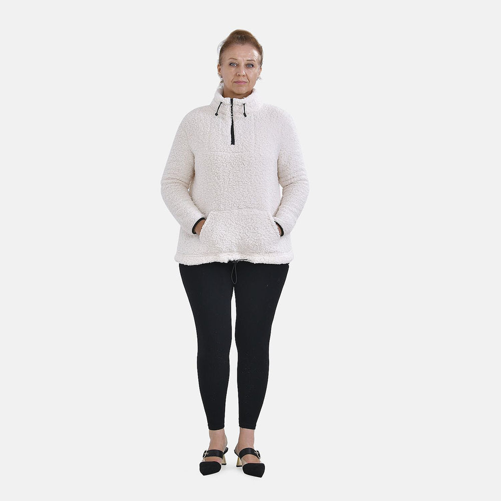 Half Zip Sherpa Sweatshirt With Handy Kangaroo Pocket (Size XL) - White