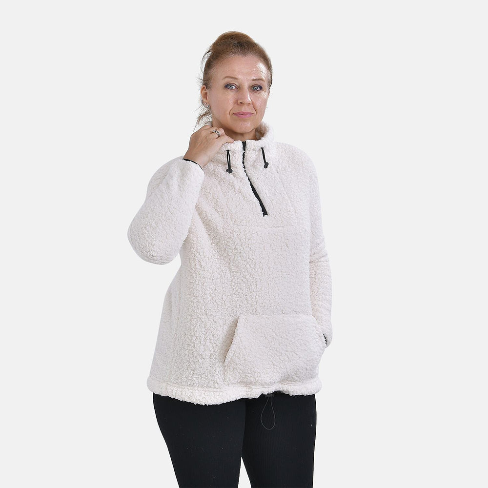 Half Zip Sherpa Sweatshirt With Handy Kangaroo Pocket (Size XL) - White
