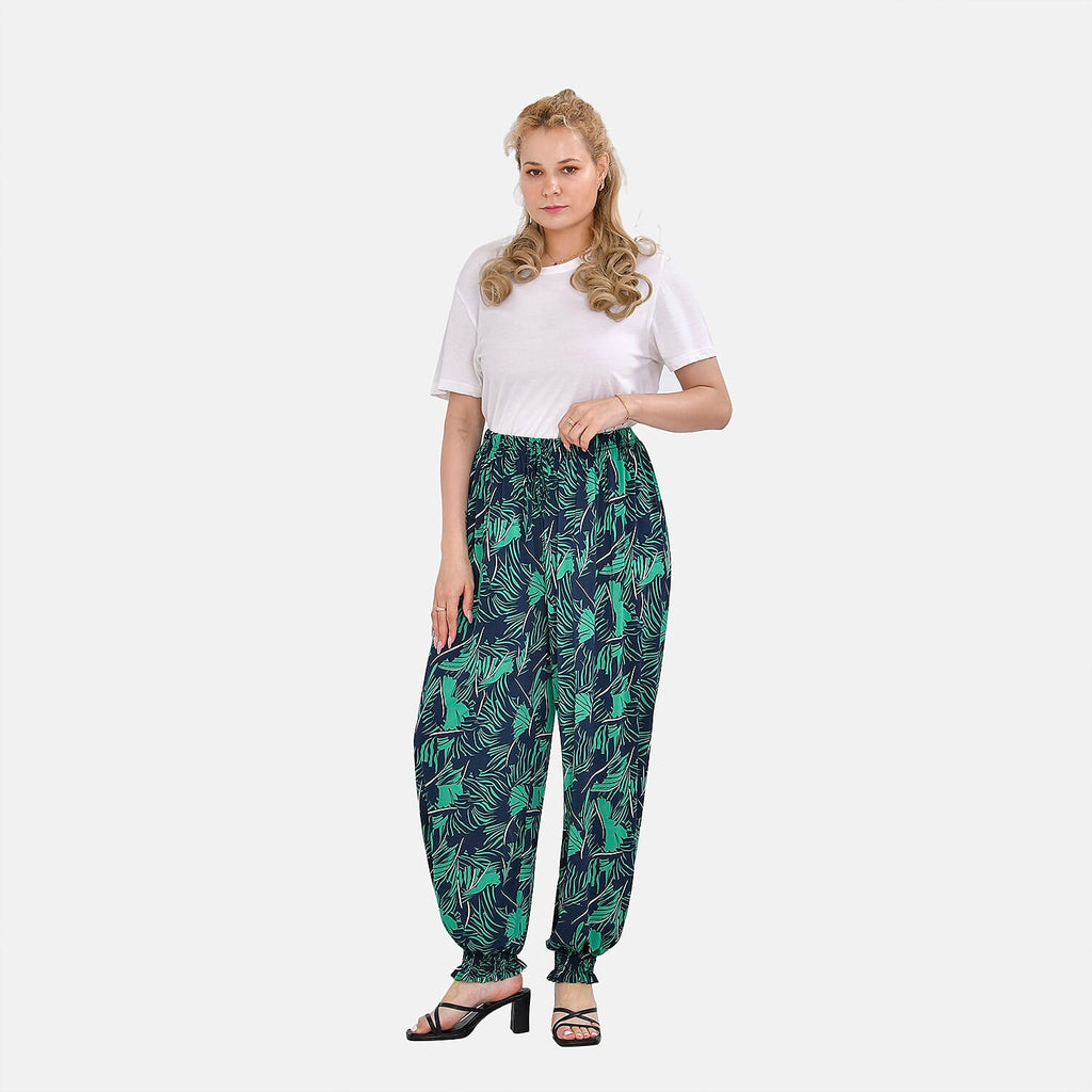 TAMSY Tropical Leaf Pattern Elastic Waist Band Trousers (One Size, 8-16) - Green