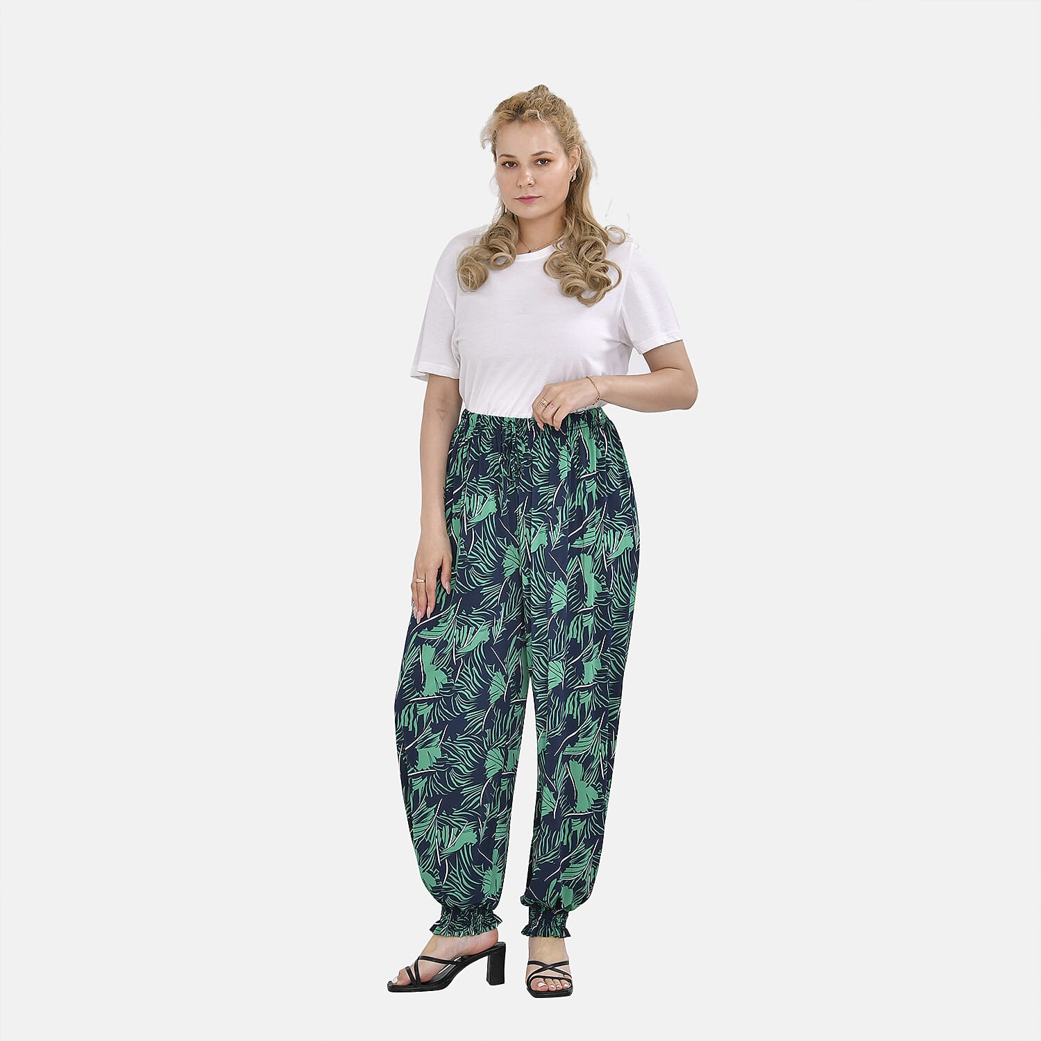 TAMSY Tropical Leaf Pattern Elastic Waist Band Trousers (One Size, 8-16) - Green