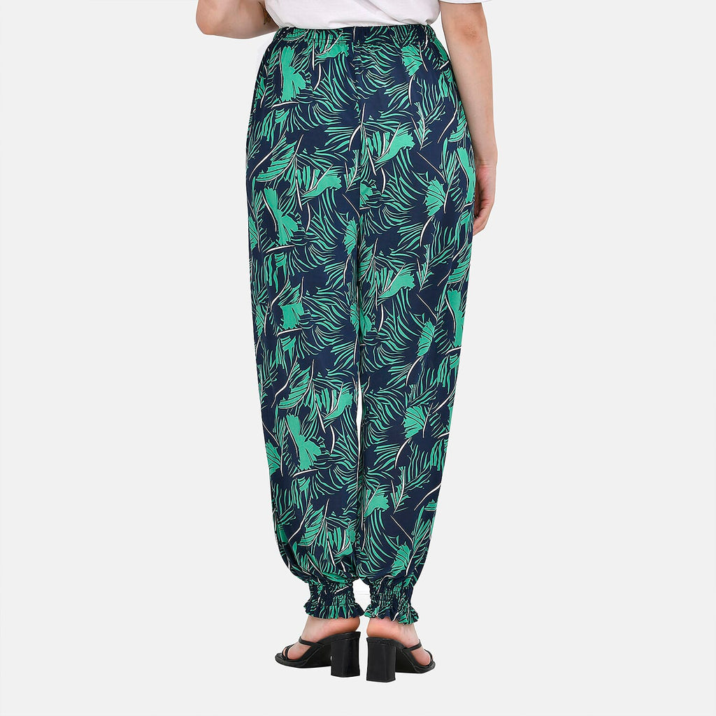 TAMSY Tropical Leaf Pattern Elastic Waist Band Trousers (One Size, 8-16) - Green