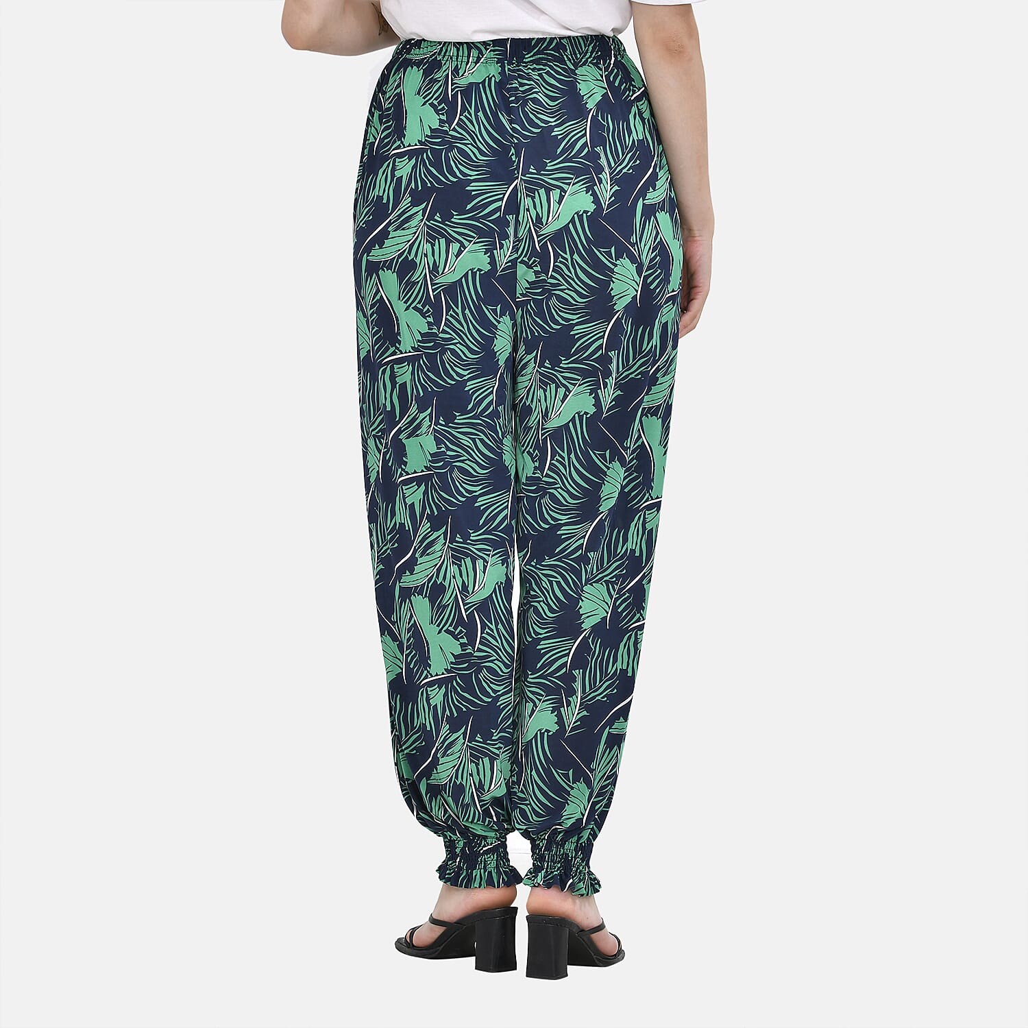 TAMSY Tropical Leaf Pattern Elastic Waist Band Trousers (One Size, 8-16) - Green