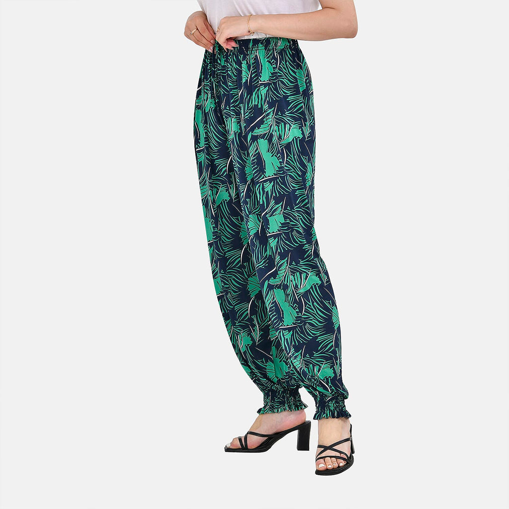 TAMSY Tropical Leaf Pattern Elastic Waist Band Trousers (One Size, 8-16) - Green