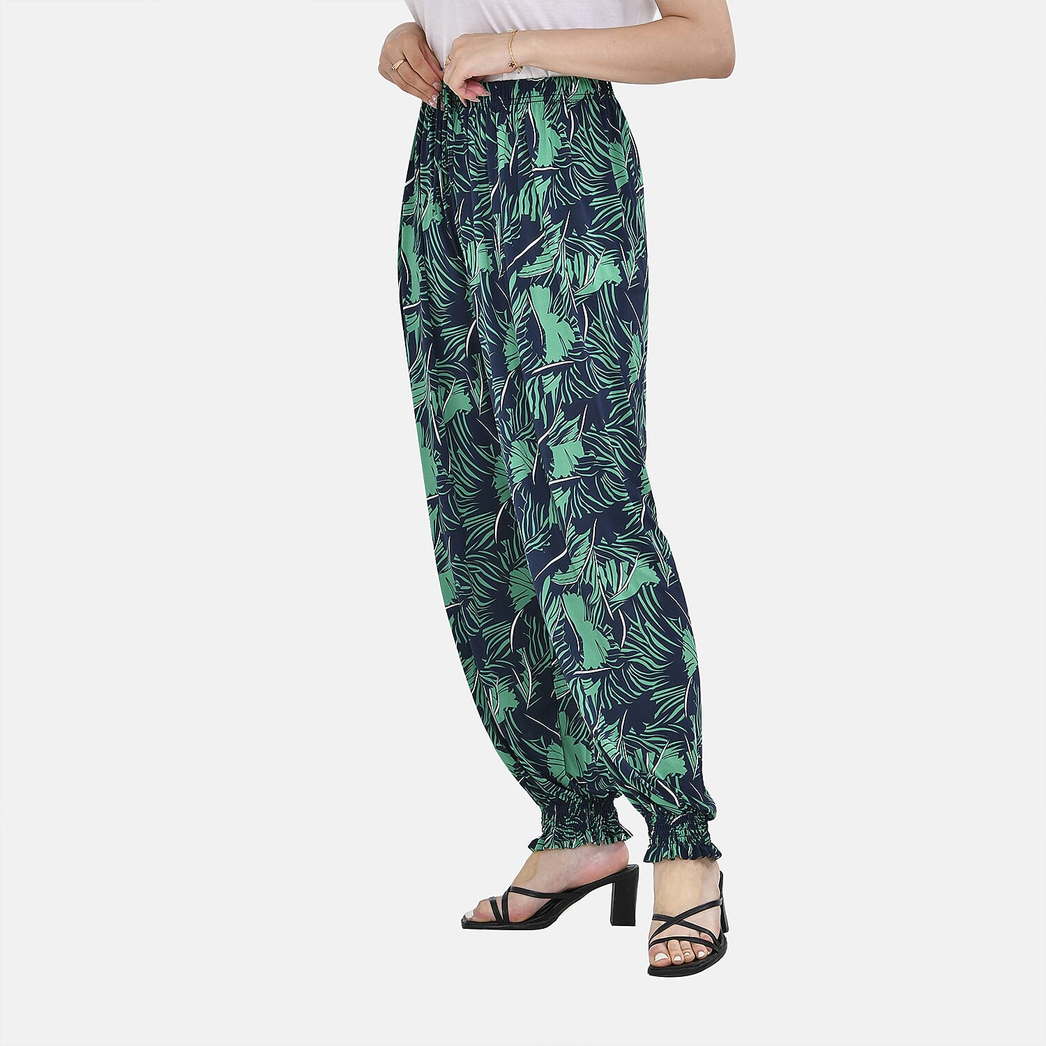 TAMSY Tropical Leaf Pattern Elastic Waist Band Trousers (One Size, 8-16) - Green