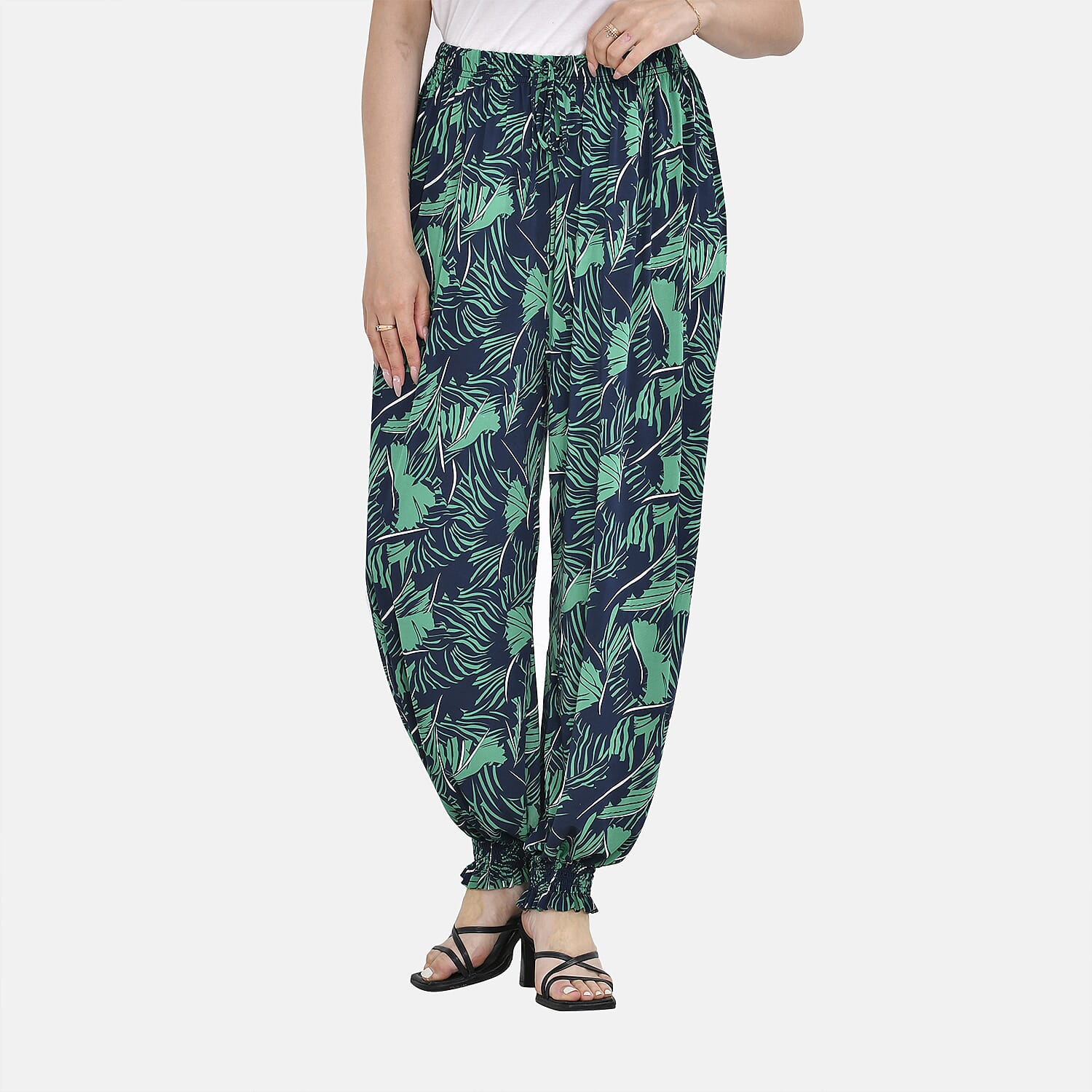 TAMSY Tropical Leaf Pattern Elastic Waist Band Trousers (One Size, 8-16) - Green