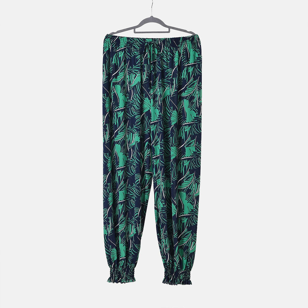 TAMSY Tropical Leaf Pattern Elastic Waist Band Trousers (One Size, 8-16) - Green