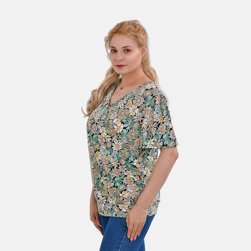 Tamsy Floral V-Neck Top (One Size) - Green