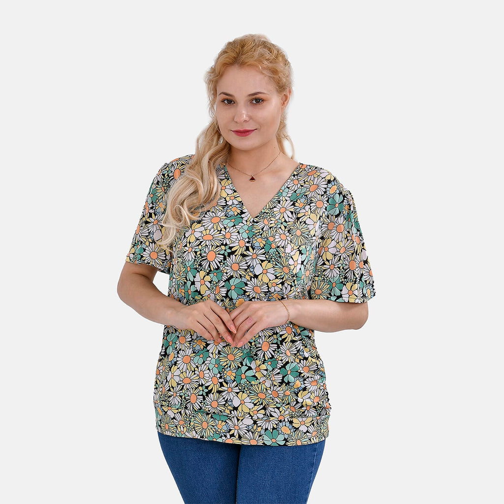 Tamsy Floral V-Neck Top (One Size) - Green