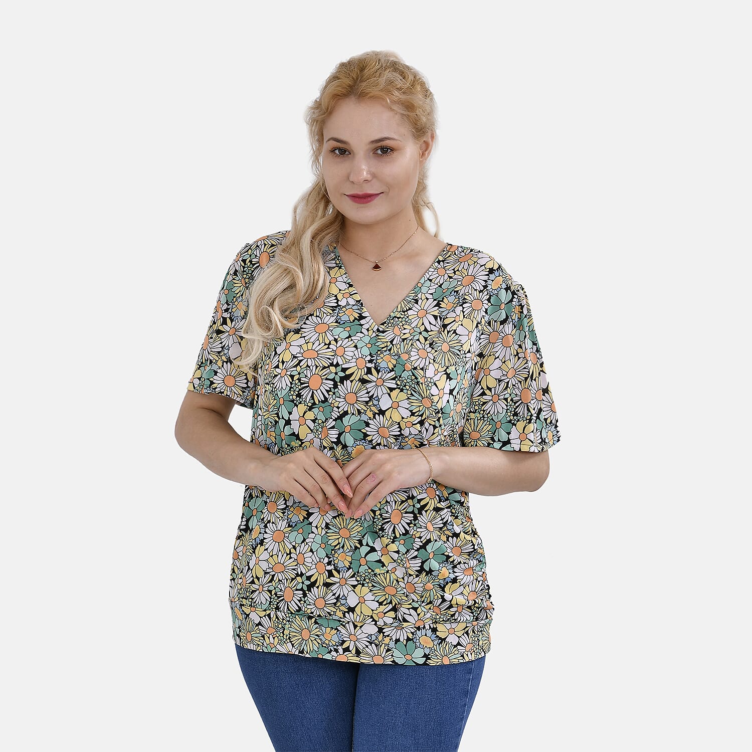Tamsy Floral V-Neck Top (One Size) - Green