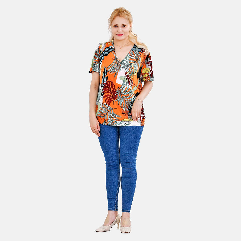 Tamsy V- NeckTropical Leaf Top (One Size 8 to 16) - White
